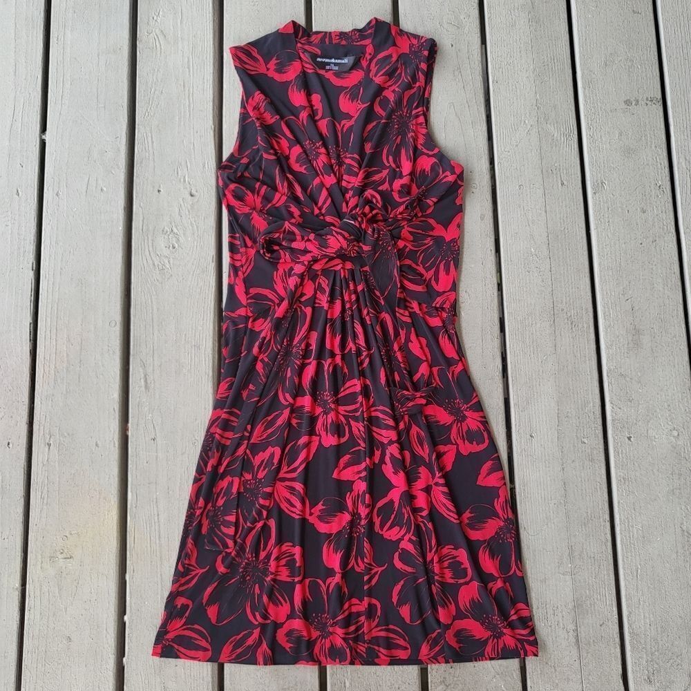 Norma Kamali Red Black Floral Faux Wrap Sleeveless V-Neck Jersey Dress S…